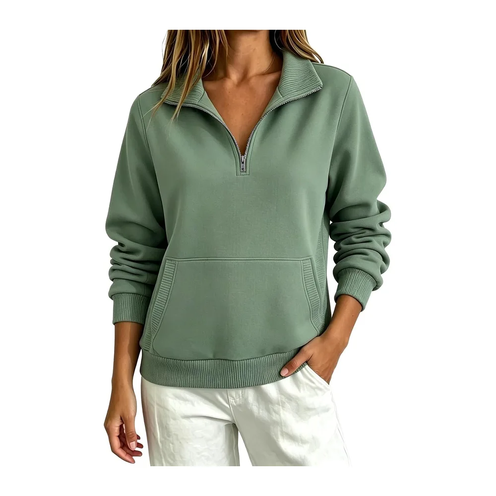 With Zip, Turtleneck, Elegant, Casual — Vert Noirâtre.