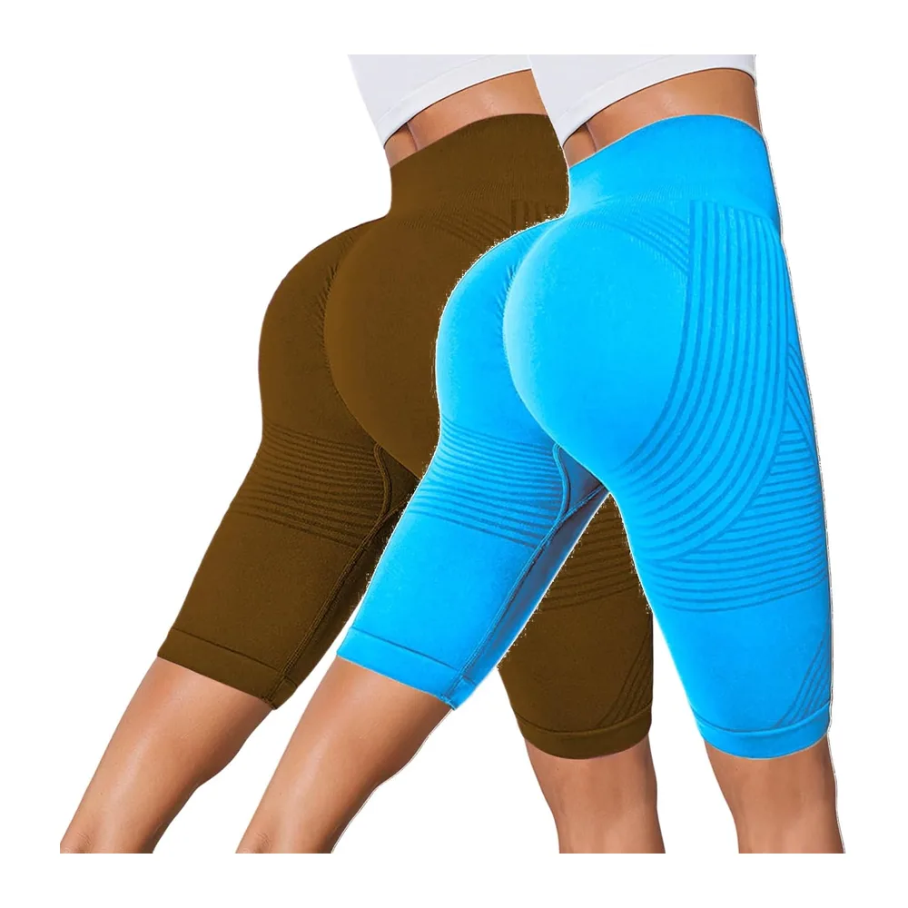 Set of 2 Shorts 3D Anti-Cellulite Sports Leggings Push Up Shaping Leggings — Azul+marrón