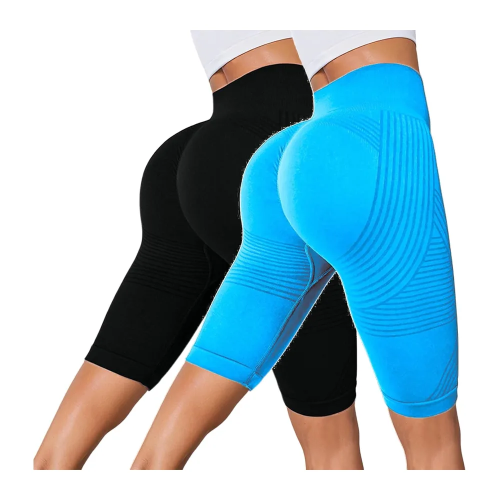 Set of 2 Shorts 3D Anti-Cellulite Sports Leggings Push Up Shaping Leggings — Azul+negro