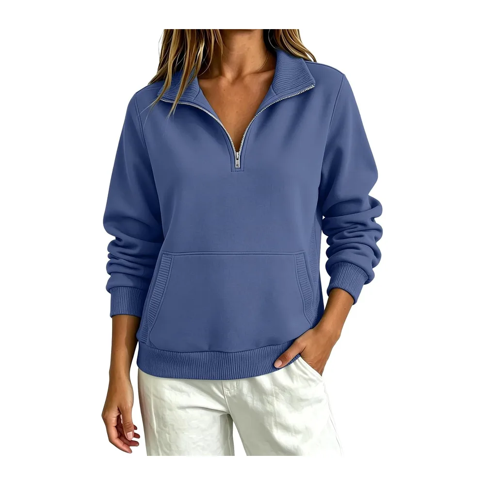 With Zip, Turtleneck, Elegant, Casual — Bleu Foncé