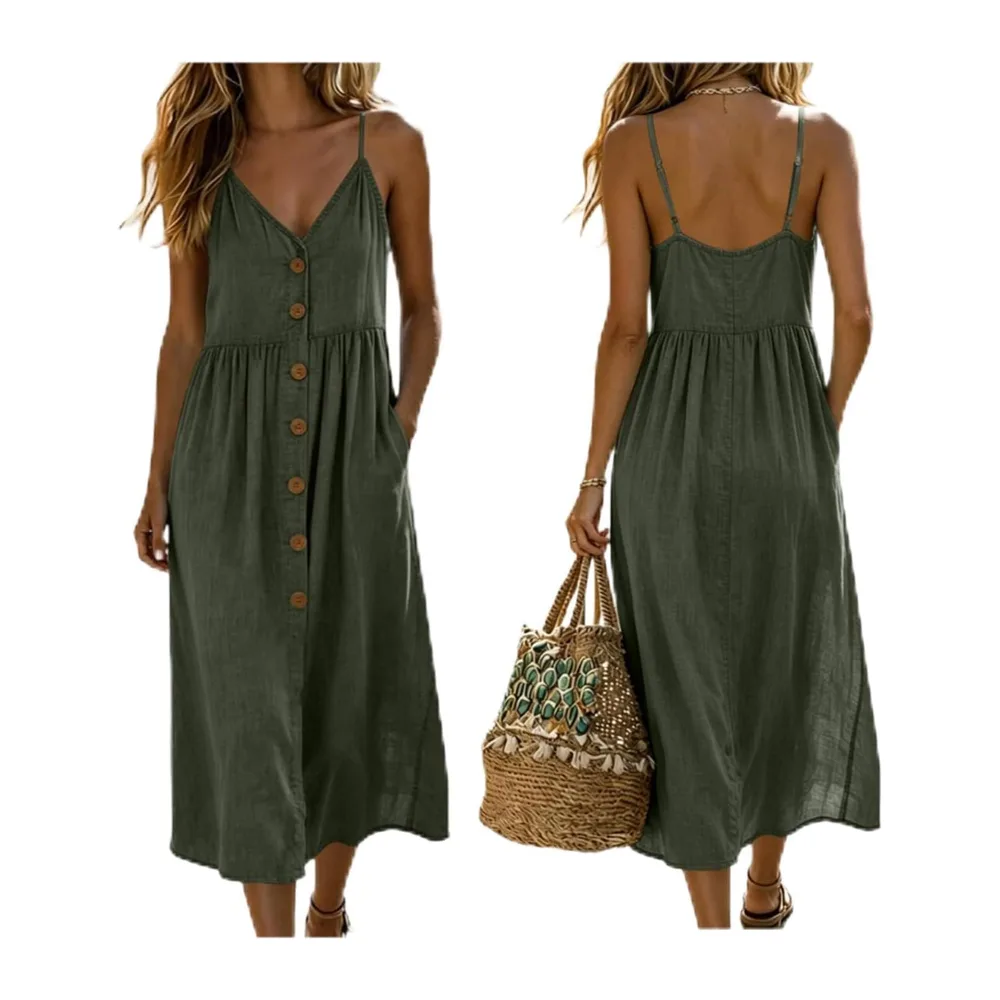 Robe Fluide Été Col V sans manches Couleur Unie Robe De Plage — Armée Verte