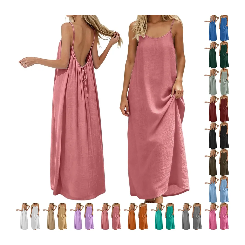 2026 Robe Caraco Dos Nu été sans Manches Décontractée Ample Longue Robe Couleur — Rose