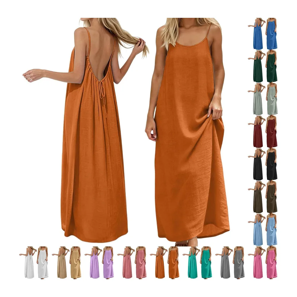 2026 Robe Caraco Dos Nu été sans Manches Décontractée Ample Longue Robe Couleur — Orange