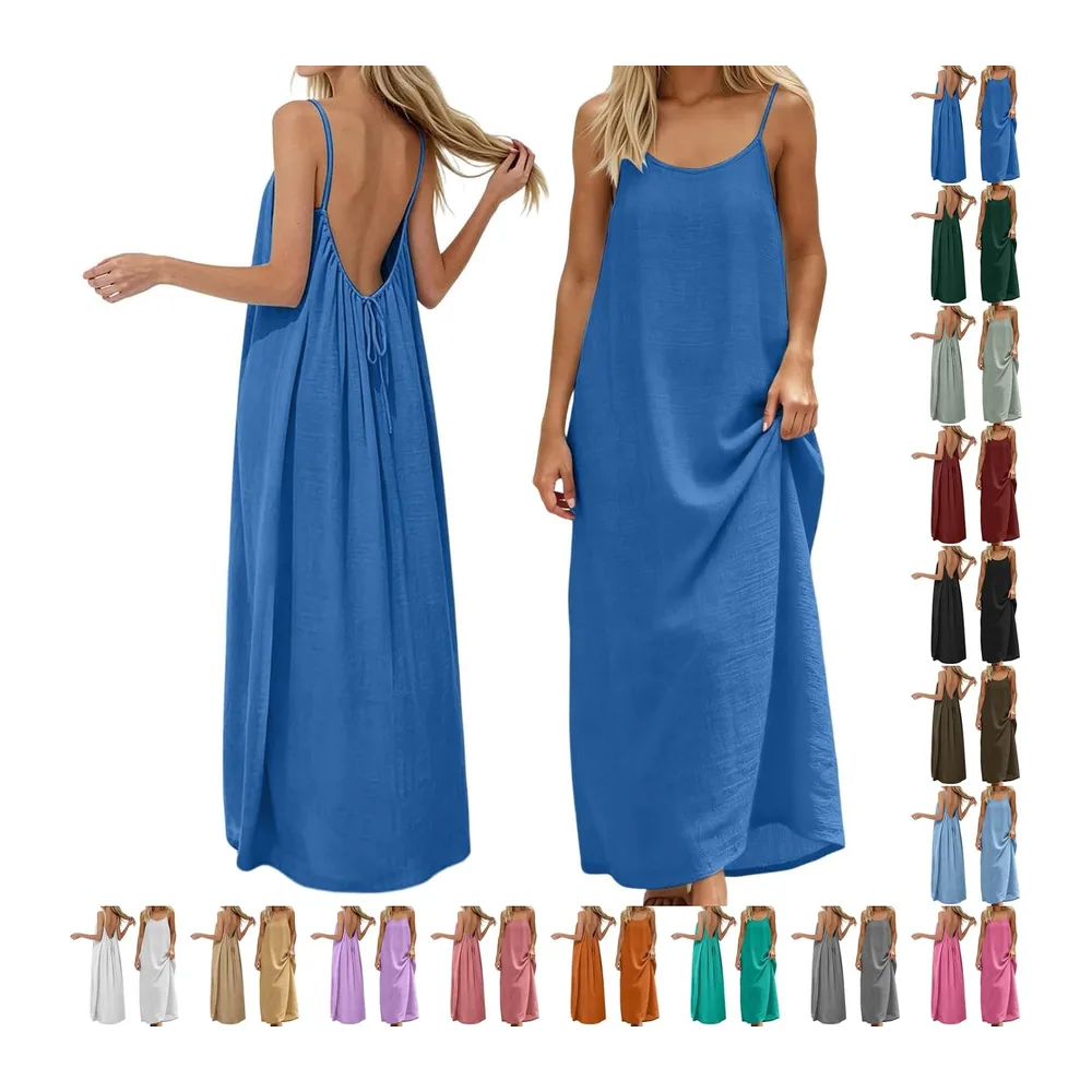 2026 Robe Caraco Dos Nu été sans Manches Décontractée Ample Longue Robe Couleur — Bleu