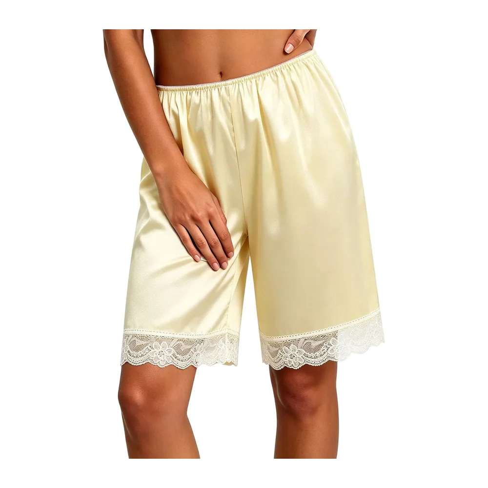 Silk Satin Panties Lace Trim Elastic Waist Silky Panties Underskirt — Light Jaune