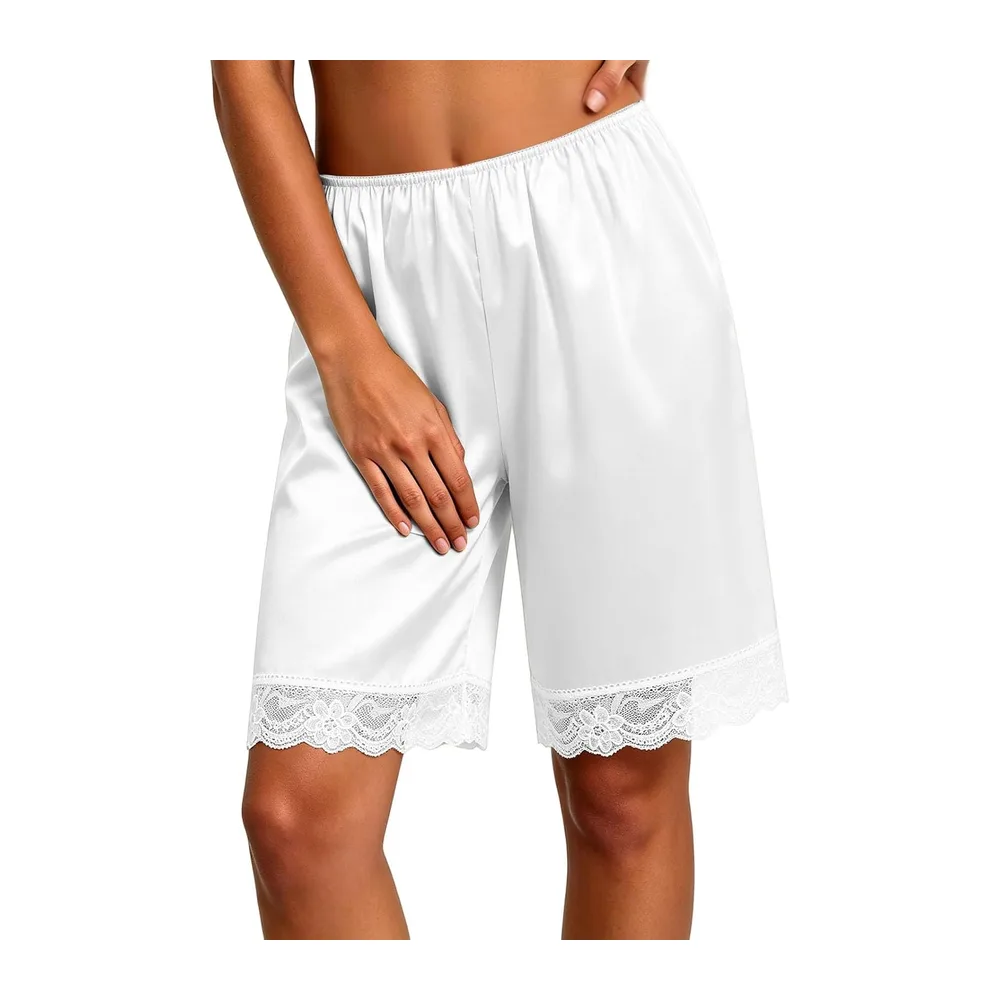Silk Satin Panties Lace Trim Elastic Waist Silky Panties Underskirt Coquette — Blanc