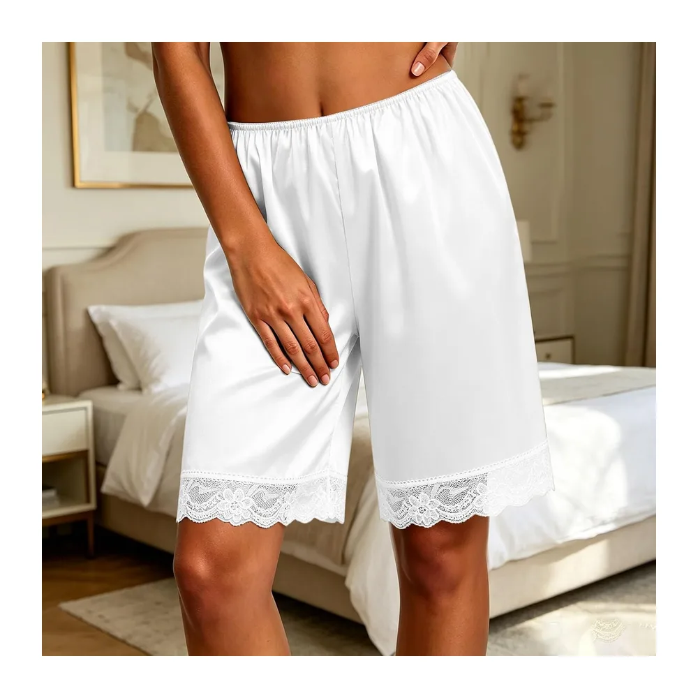 Silk Satin Panties Lace Trim Elastic Waist Silky Panties Underskirt Coquette — Blanc