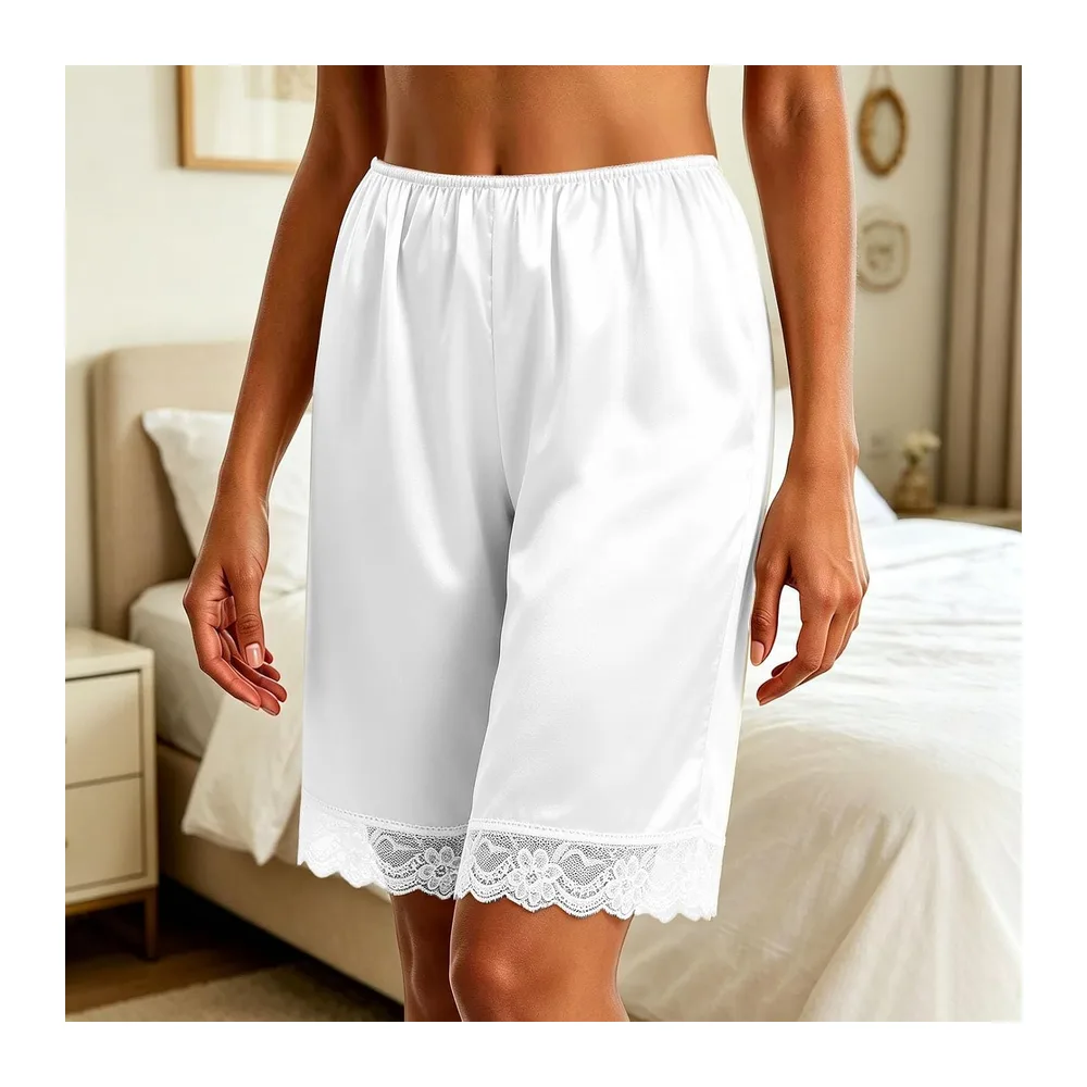 Silk Satin Panties Lace Trim Elastic Waist Silky Panties Underskirt Coquette — Blanc