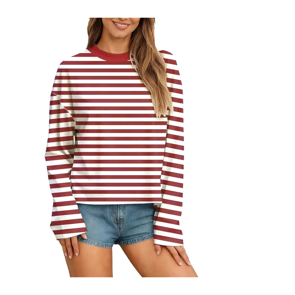 Manches Longues à Rayures T-Shirt Pull à col Rond Sweatshirt Ample décontracté — 01 Rouge