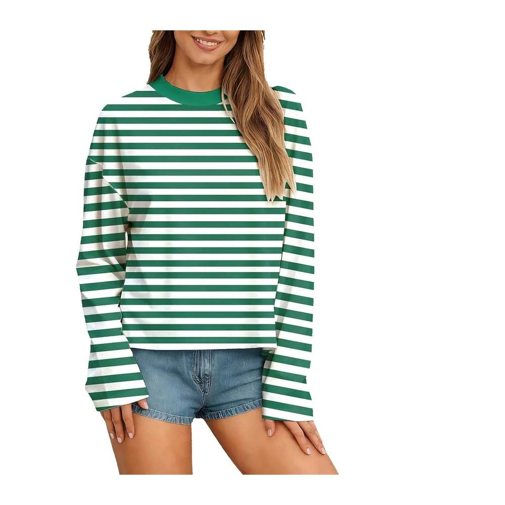 Manches Longues à Rayures T-Shirt Pull à col Rond Sweatshirt Ample décontracté — 01 Vert