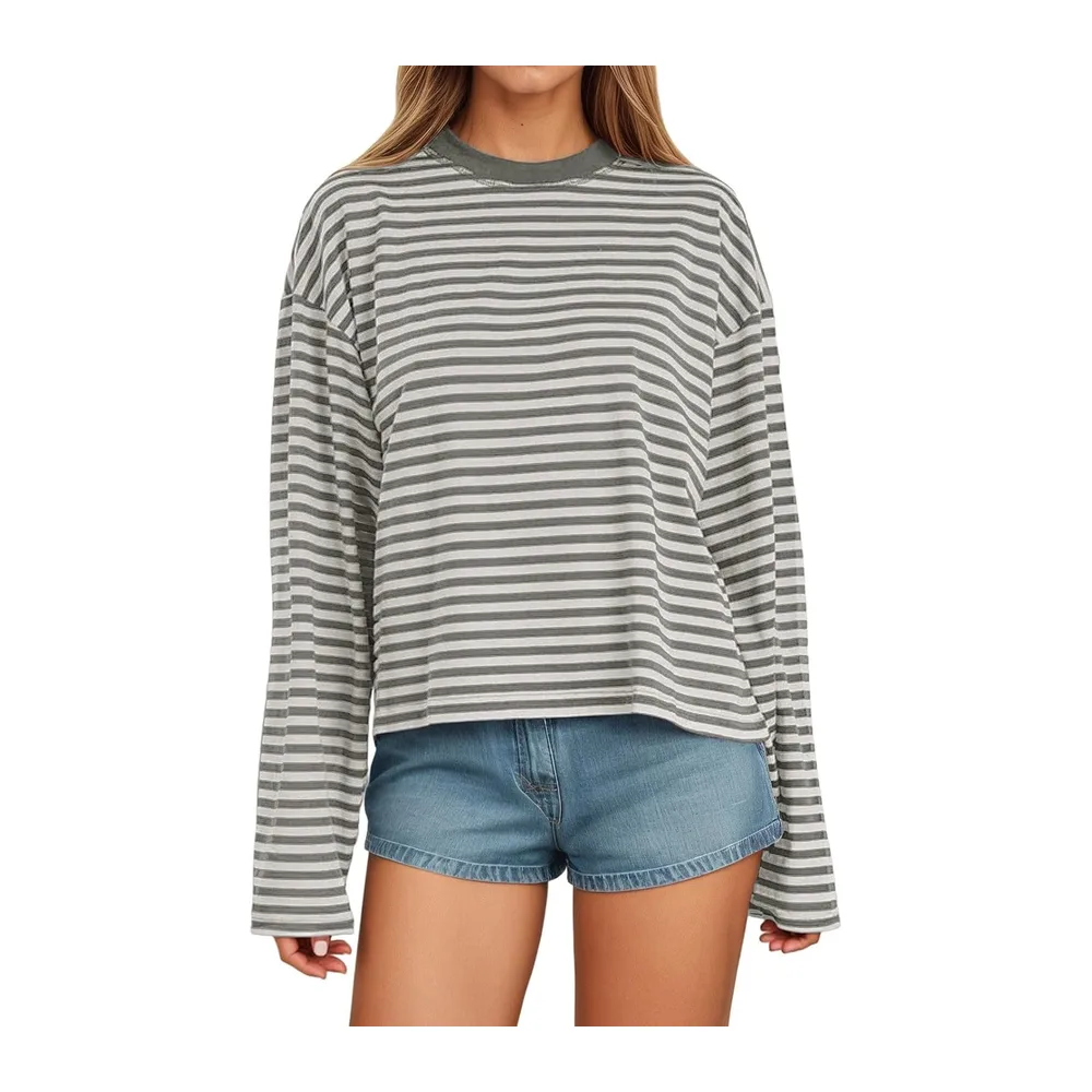 Manches Longues à Rayures T-Shirt Pull à col Rond Sweatshirt Ample décontracté — 02 Gris