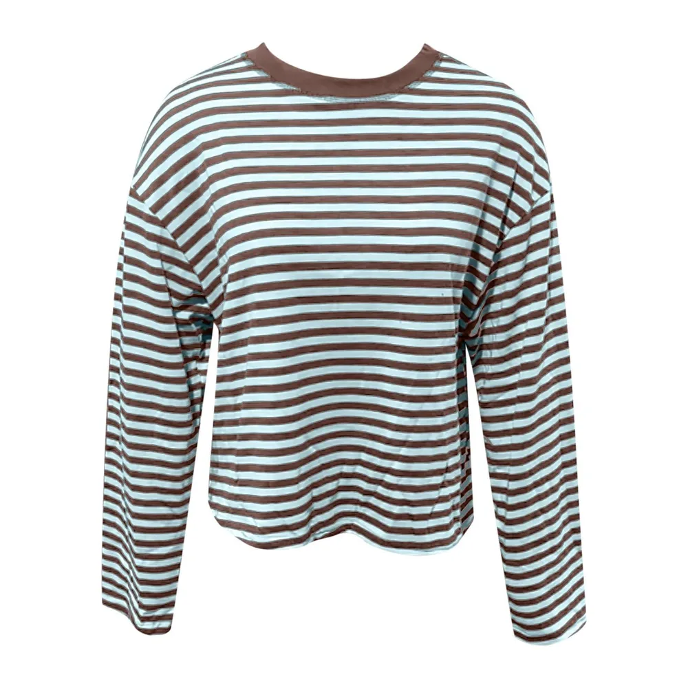 Manches Longues à Rayures T-Shirt Pull à col Rond Sweatshirt Ample — 02 Menthe Verte