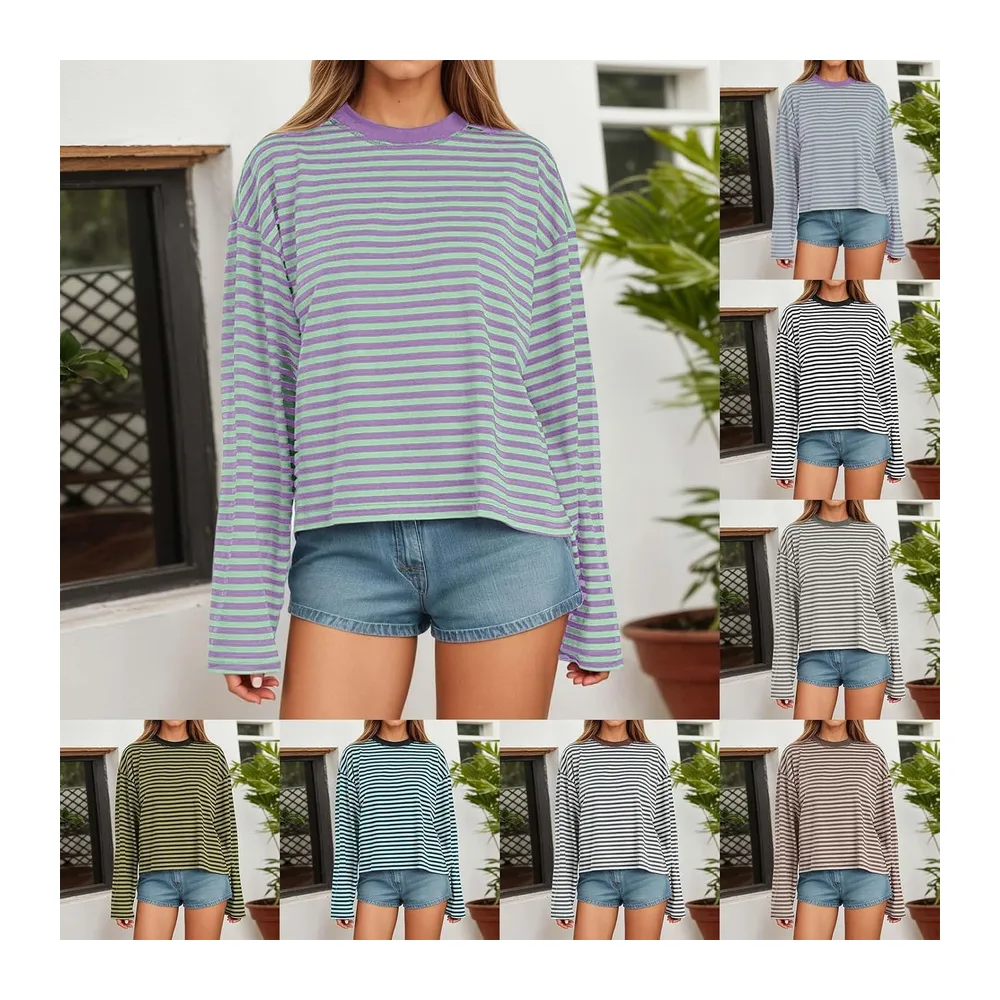 Manches Longues à Rayures T-Shirt Pull à col Rond Sweatshirt Ample — 02 Menthe Verte