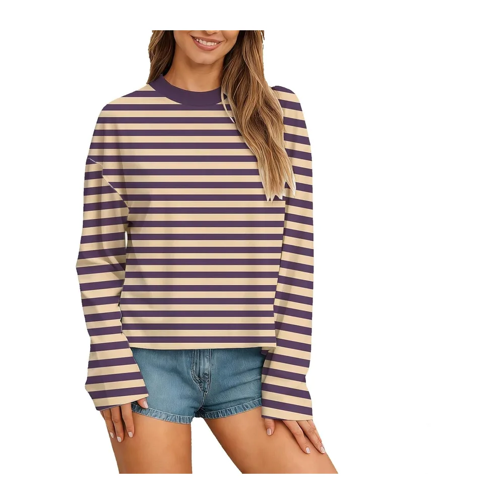 Manches Longues à Rayures T-Shirt Pull à col Rond Sweatshirt Ample décontracté — 01 Beige