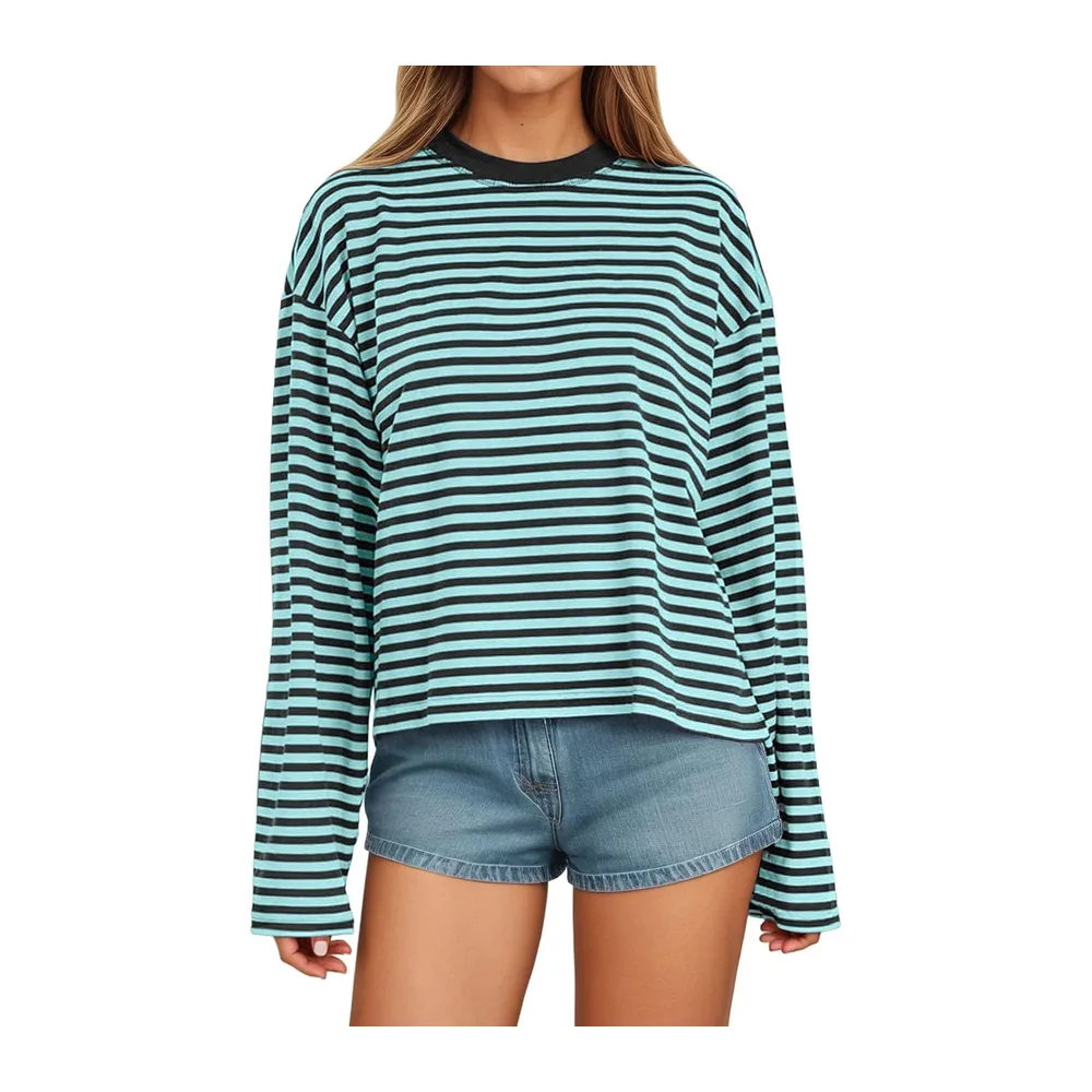 Manches Longues à Rayures T-Shirt Pull à col Rond Sweatshirt Ample — 02 Bleu foncé