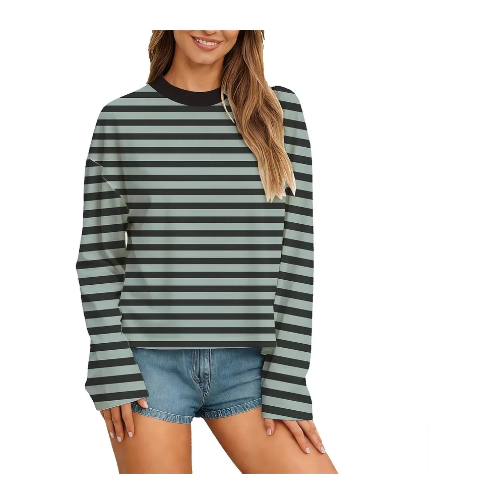 Manches Longues à Rayures T-Shirt Pull à col Rond Sweatshirt Ample — 01 Vert foncé