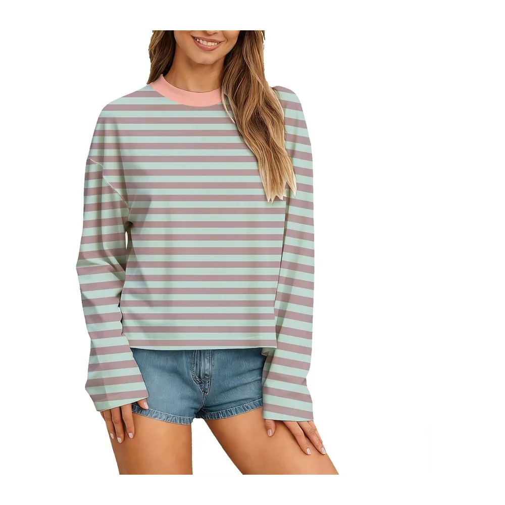 Manches Longues à Rayures T-Shirt Pull à col Rond Sweatshirt Ample décontracté — 01 Rose