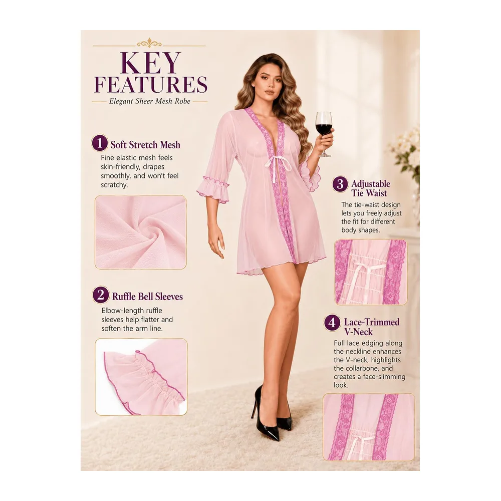 Ohyeahlady Kimono Dentelle Transparent Sexy Grande Taille — Rose