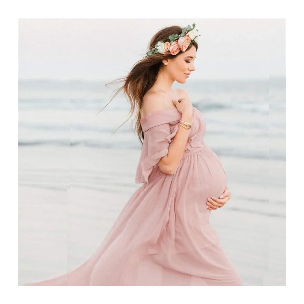 Robe photo de grossesse avec manches fixes, accessoires courts, robe de soirée — Rose