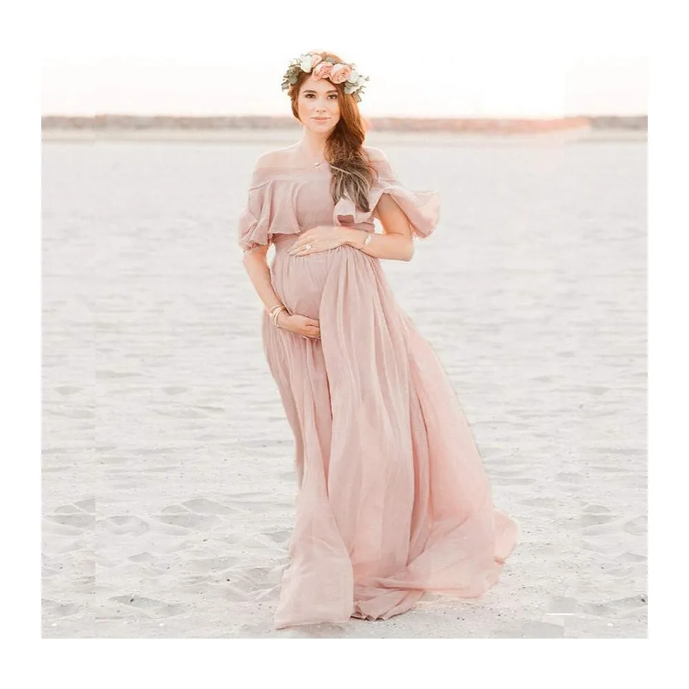 Robe photo de grossesse avec manches fixes, accessoires courts, robe de soirée — Rose