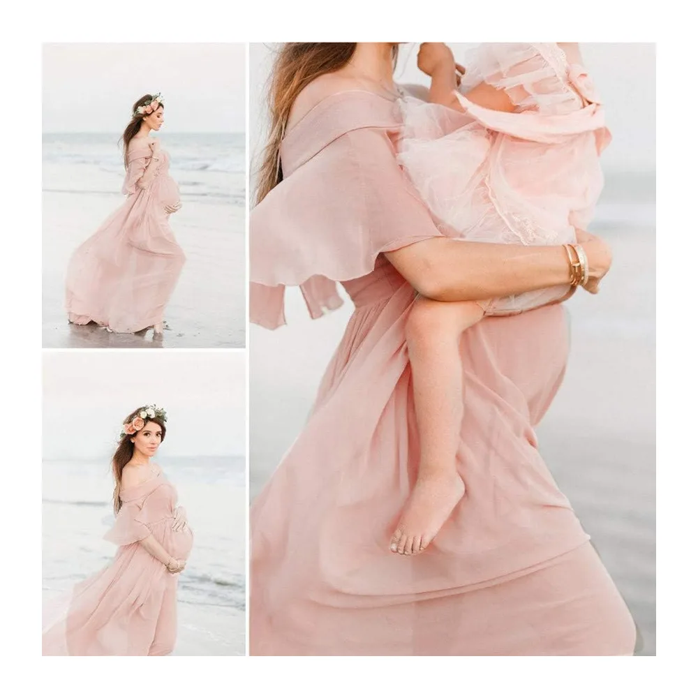 Robe photo de grossesse avec manches fixes, accessoires courts, robe de soirée — Rose