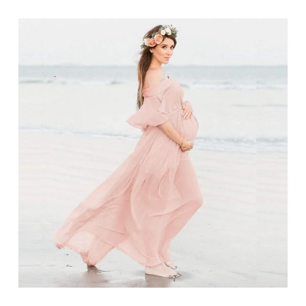 Robe photo de grossesse avec manches fixes, accessoires courts, robe de soirée — Rose