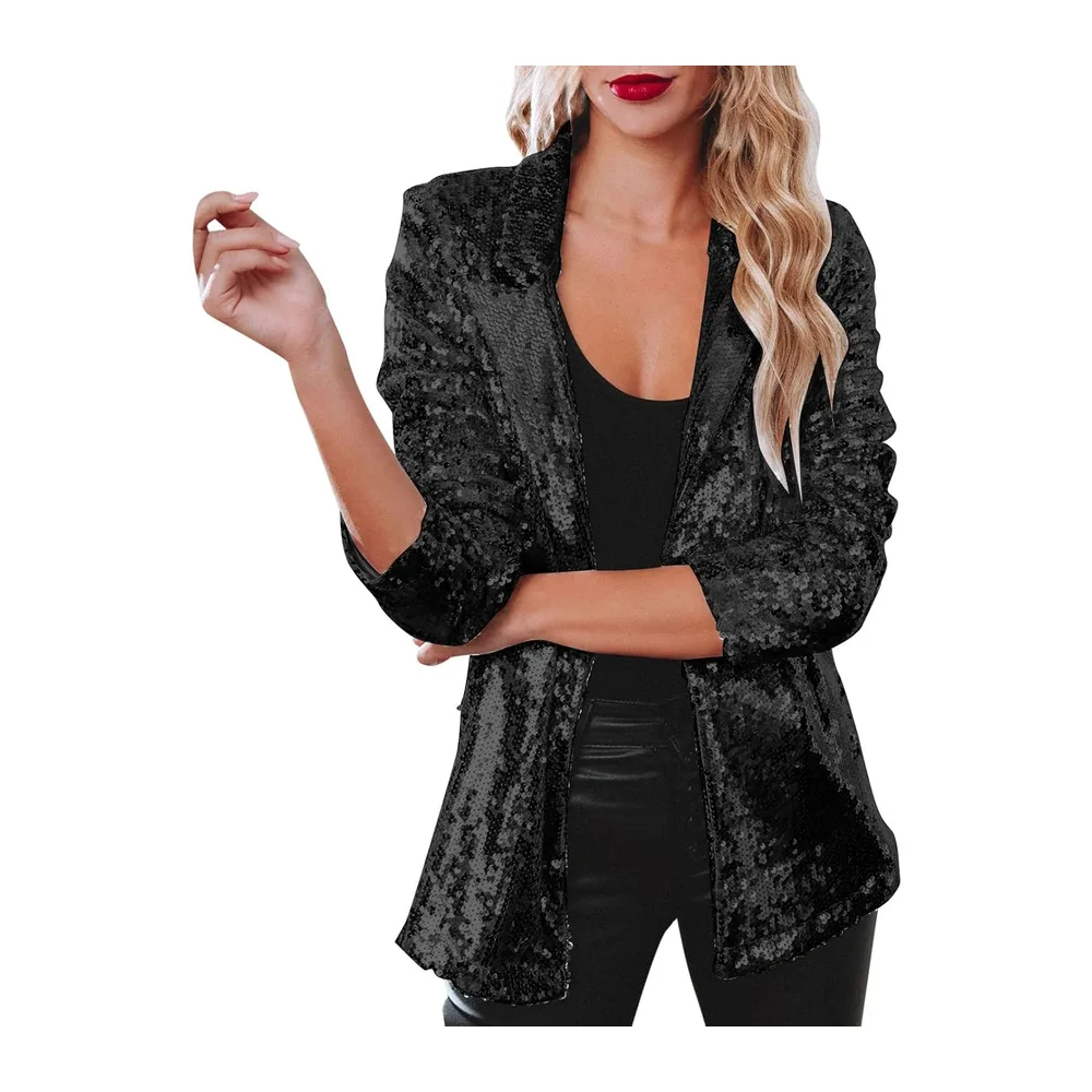 Veste Paillettes Sequin Casual Manches Longues Glitter Party Brillant Manteau — Le noir