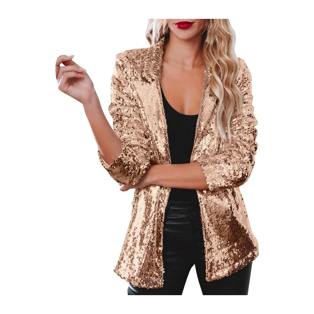 Veste Paillettes Sequin Casual Manches Longues Glitter Party Brillant Manteau — Or
