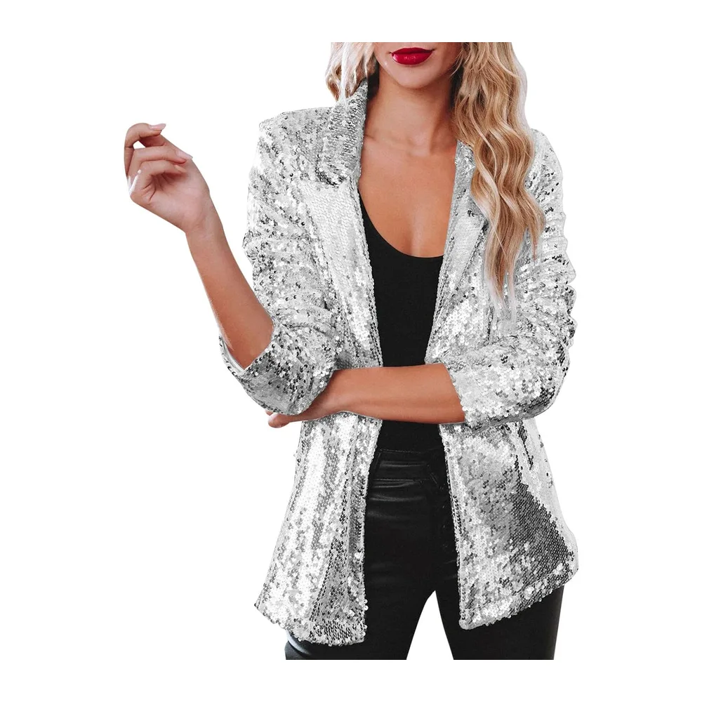 Veste Paillettes Sequin Casual Manches Longues Glitter Party Brillant Manteau — Argent