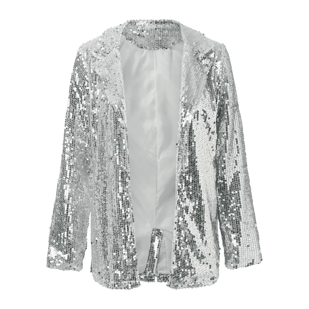 Veste Paillettes Sequin Casual Manches Longues Glitter Party Brillant Manteau — Argent