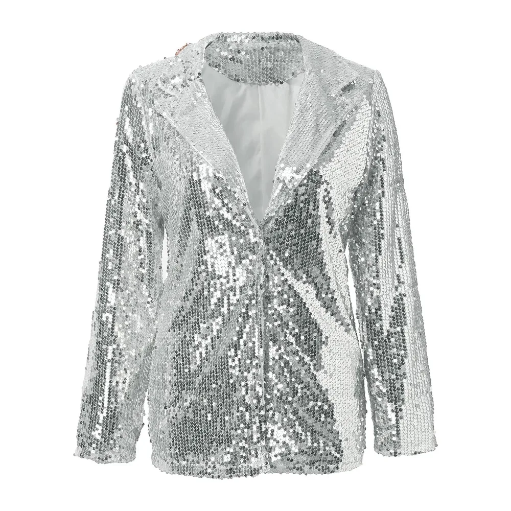 Veste Paillettes Sequin Casual Manches Longues Glitter Party Brillant Manteau — Argent
