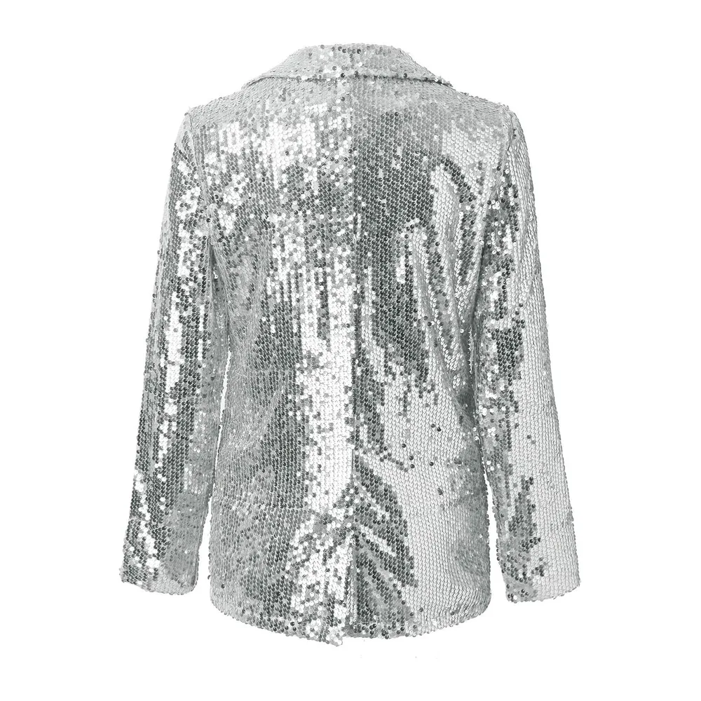 Veste Paillettes Sequin Casual Manches Longues Glitter Party Brillant Manteau — Argent
