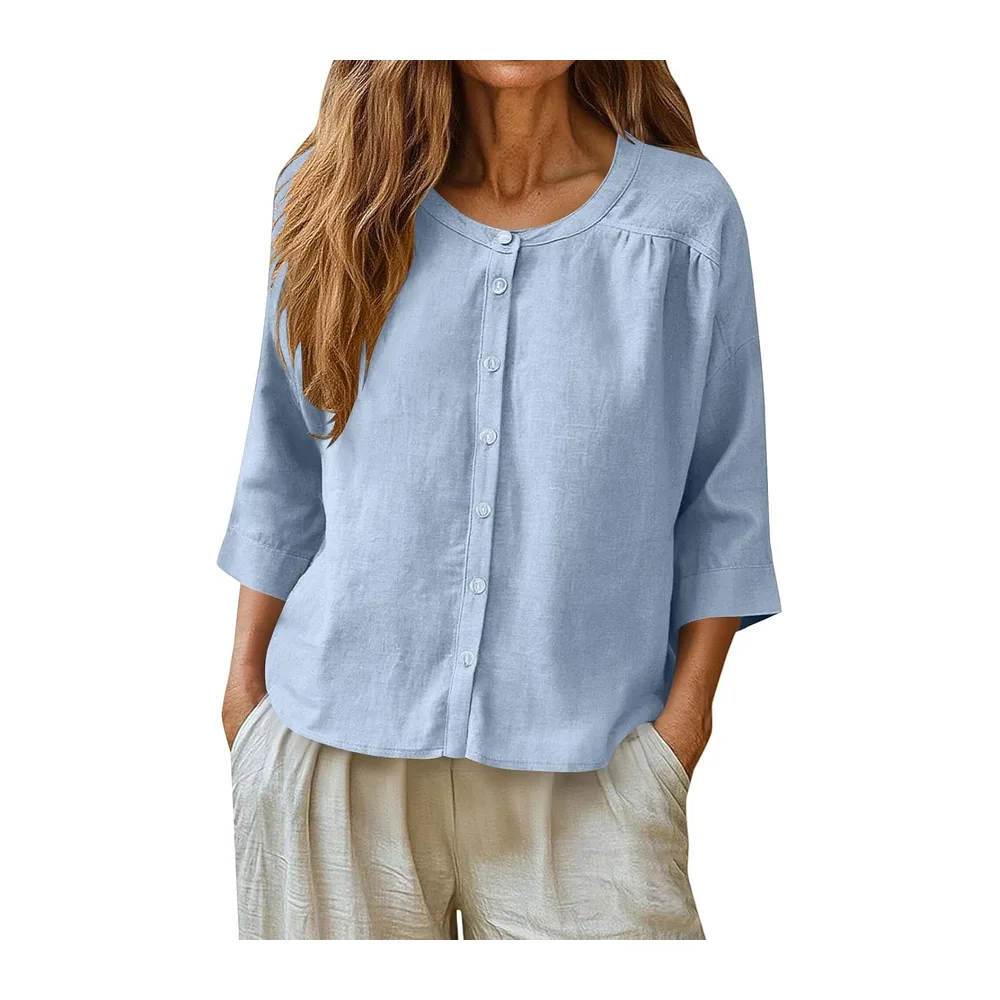 Sweat-shirt en coton et lin, col rond, fermeture avec boutons, manches 3/4 — Bleu Clair