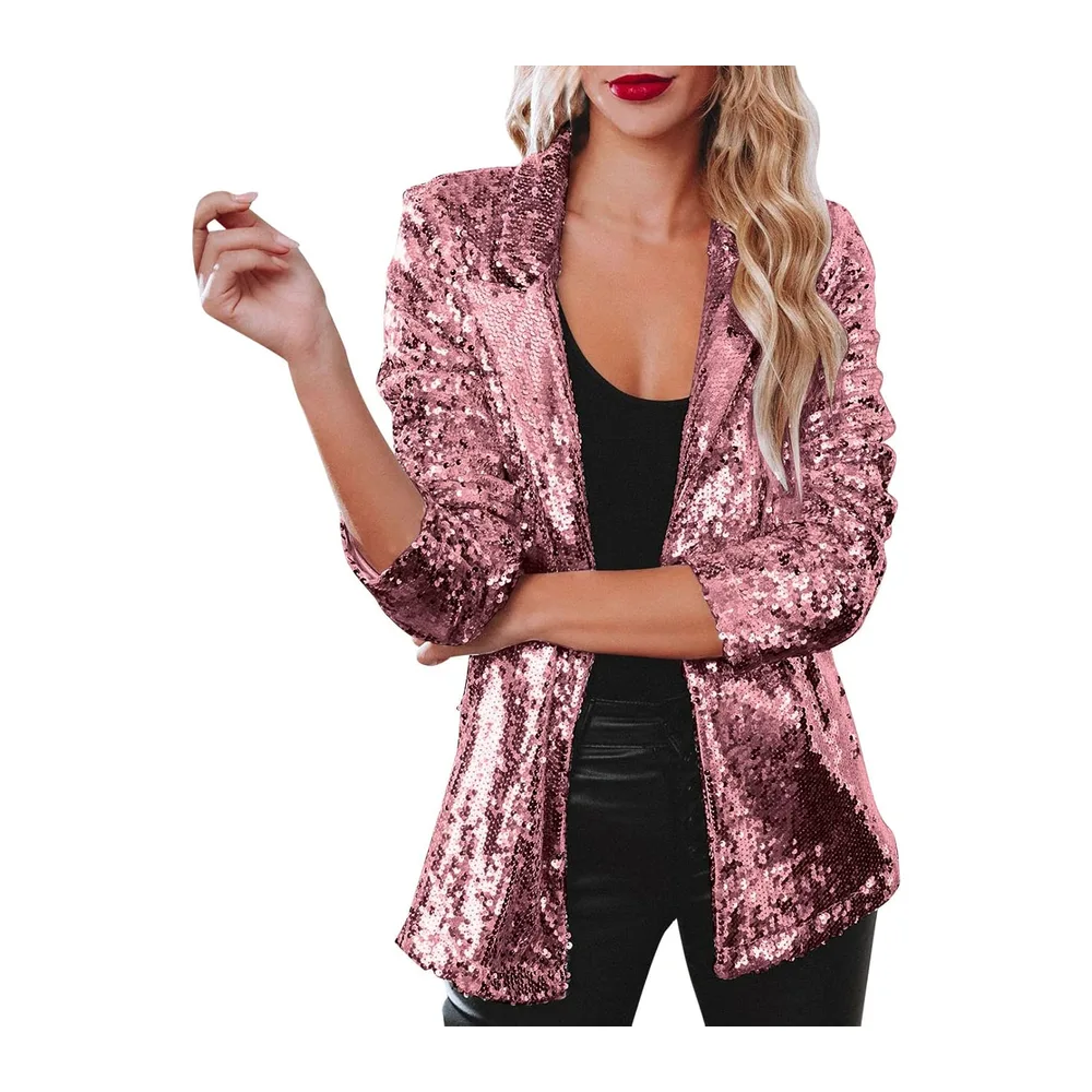 Veste Paillettes Sequin Casual Manches Longues Glitter Party Brillant Manteau — Rose vif