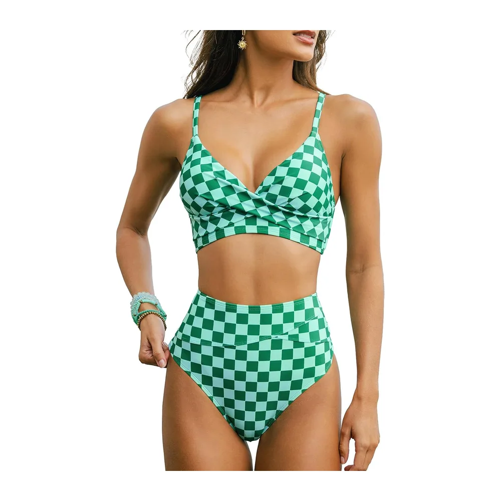 Bikini Torsadé Taille Haute Ensemble Bikini Col V Élégant Maillots de — Carreaux Verts