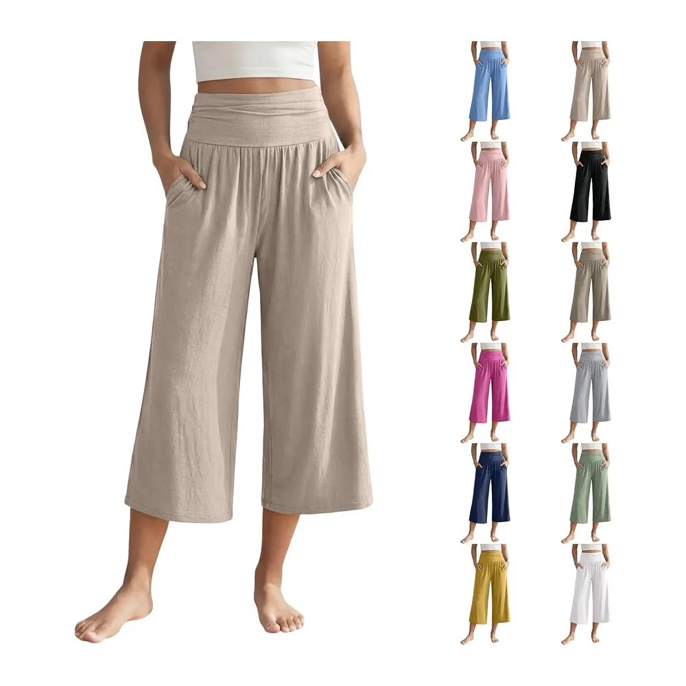 Cotton and Linen Cropped Trousers 3/4 Fluid High Waist — Beige