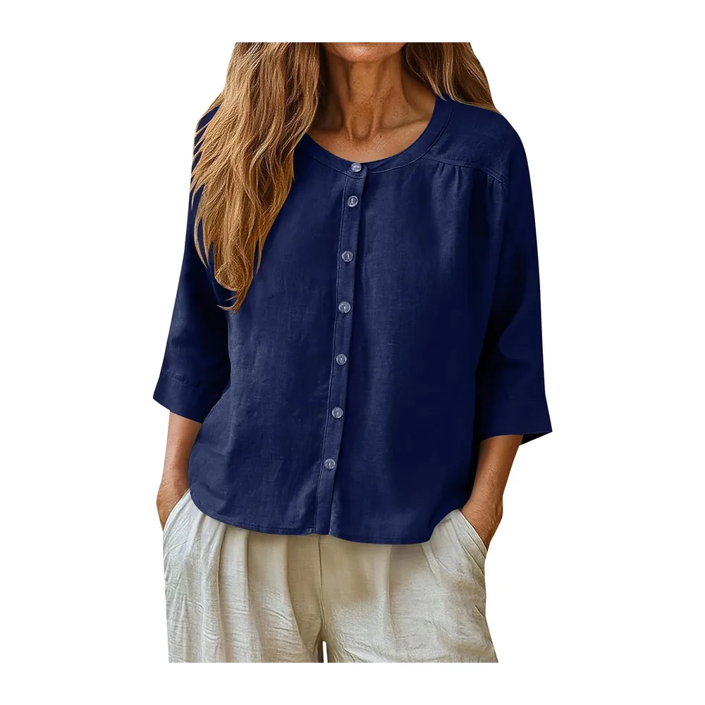 Sweat-shirt en coton et lin, col rond, fermeture avec boutons, manches 3/4 — Bleu Foncé