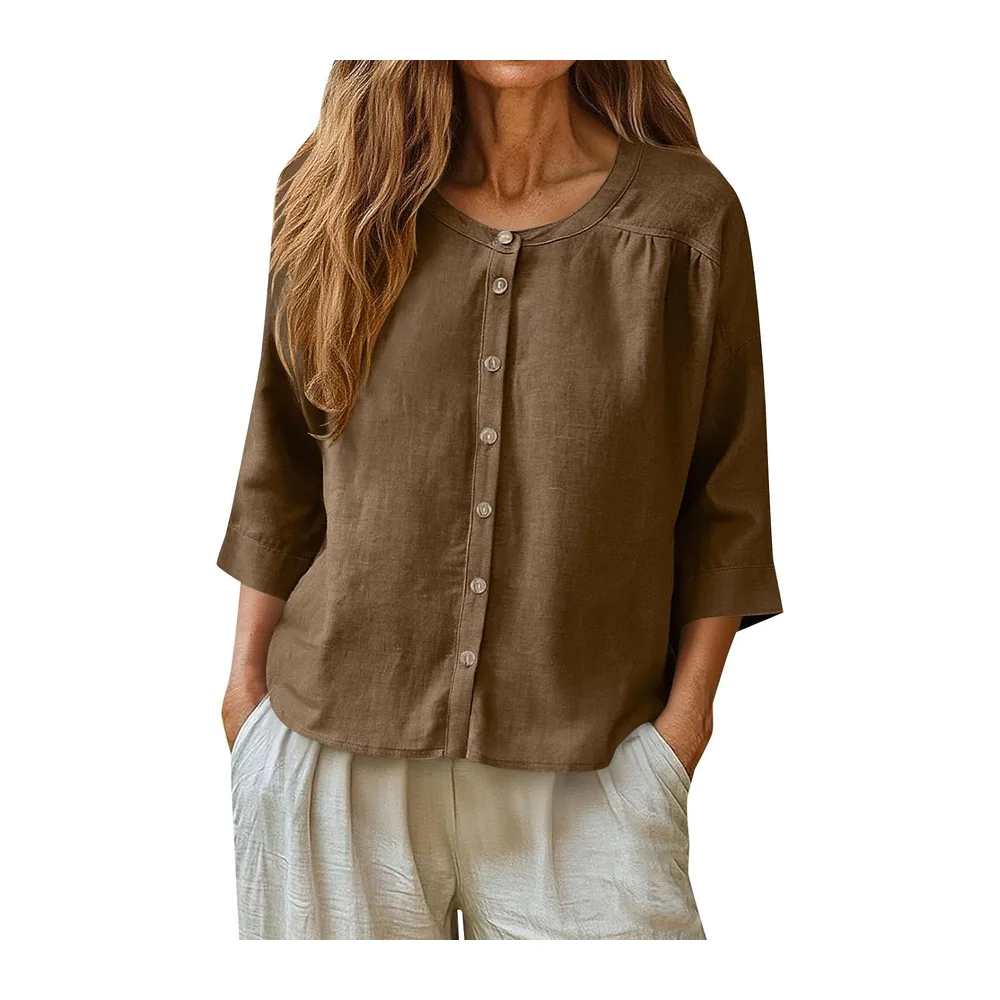 Sweat-shirt en coton et lin, col rond, fermeture avec boutons, manches 3/4 — Marron