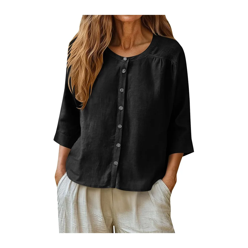 Sweat-shirt en coton et lin, col rond, fermeture avec boutons, manches 3/4 — Noir