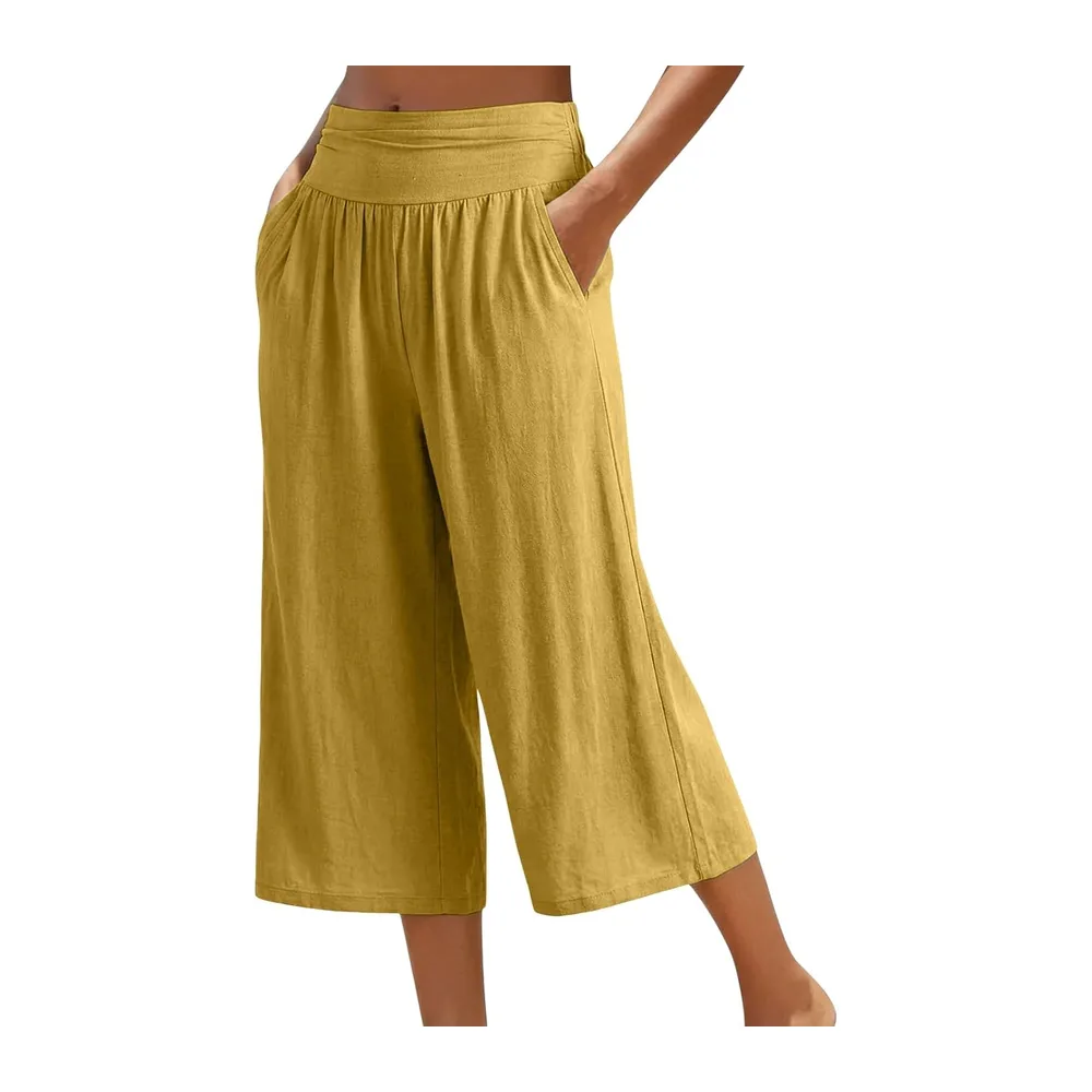 Cotton and Linen Cropped Trousers 3/4 Fluid High Waist — Jaune