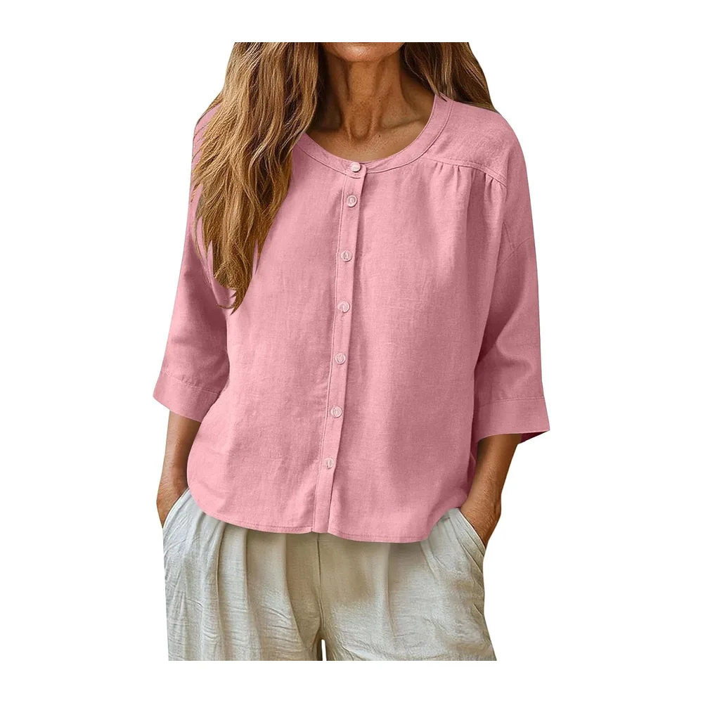 Sweat-shirt en coton et lin, col rond, fermeture avec boutons, manches 3/4 — Rose