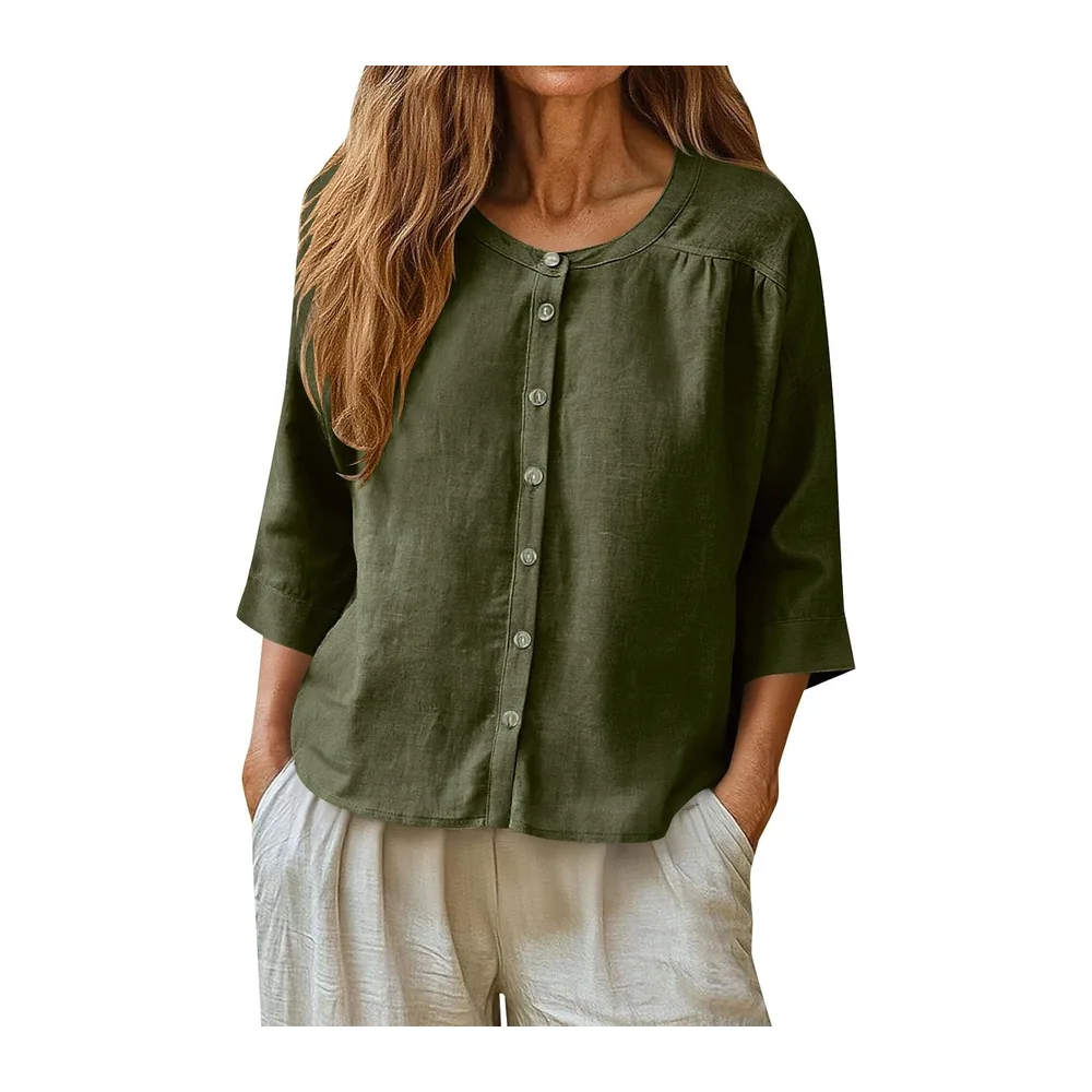 Sweat-shirt en coton et lin, col rond, fermeture avec boutons, manches 3/4 — Vert