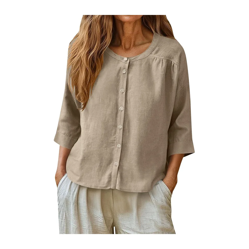 Sweat-shirt en coton et lin, col rond, fermeture avec boutons, manches 3/4 — Kaki Foncé