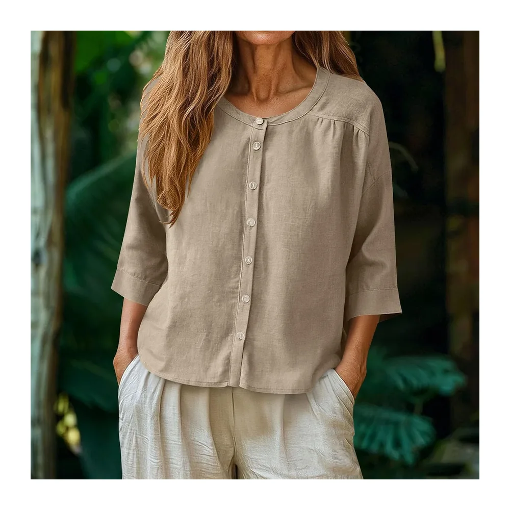Sweat-shirt en coton et lin, col rond, fermeture avec boutons, manches 3/4 — Kaki Foncé