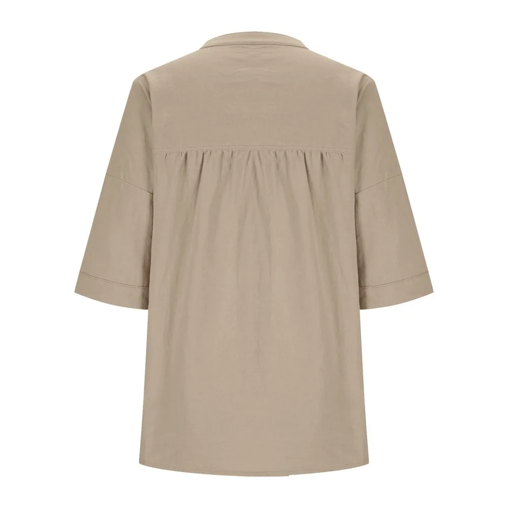 Sweat-shirt en coton et lin, col rond, fermeture avec boutons, manches 3/4 — Kaki Foncé