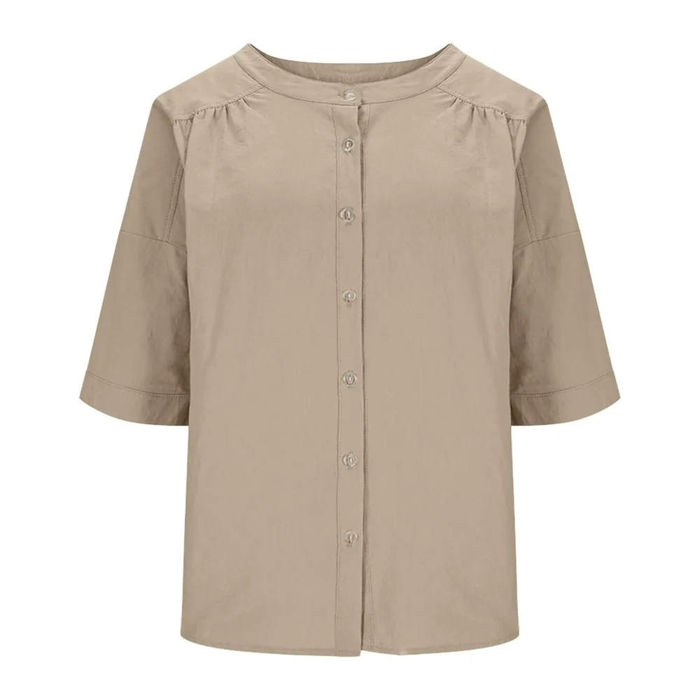 Sweat-shirt en coton et lin, col rond, fermeture avec boutons, manches 3/4 — Kaki Foncé