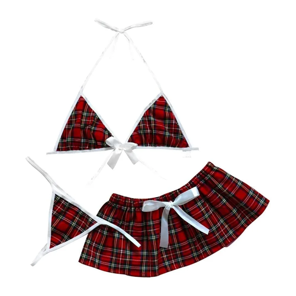 Sexy Bow Underwear Pyjamas Lingerie Uniform Mini Skirt + G-String Set — Rouge