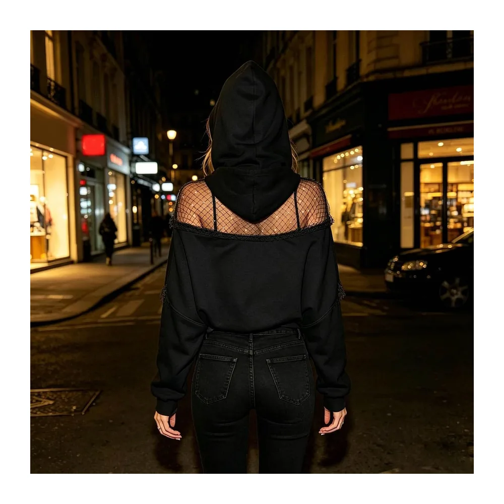 Sweat À Capuche Dos Ouvert avec Résille, Sweat Oversize Manches Longues À — Le Noir