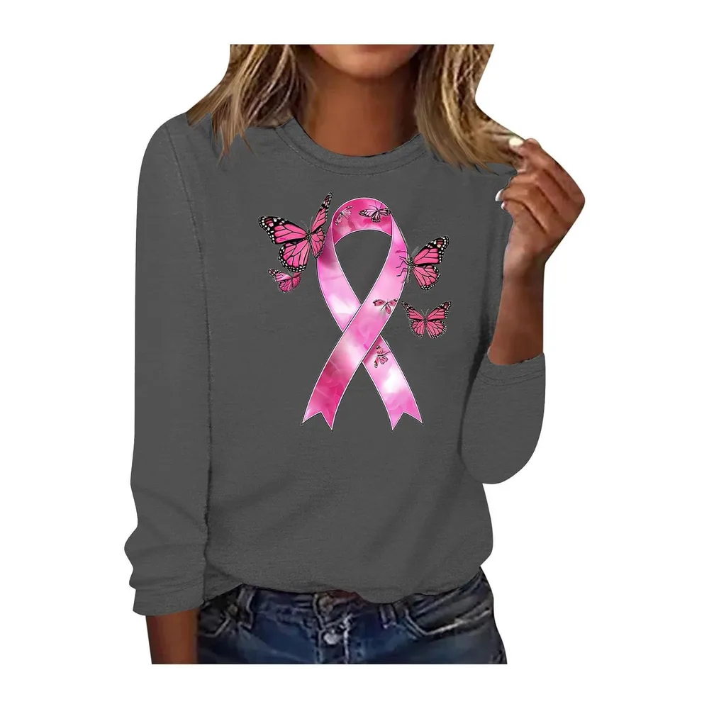 Shirt Ruban Rose sur Le Cancer du Sein Octobre à Manches Longues Ruban Rose — Gris