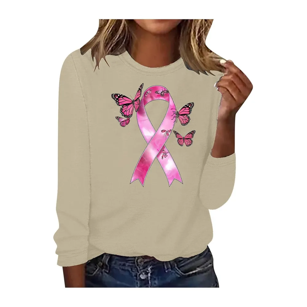 Shirt Ruban Rose sur Le Cancer du Sein Octobre à Manches Longues Ruban Rose — Beige